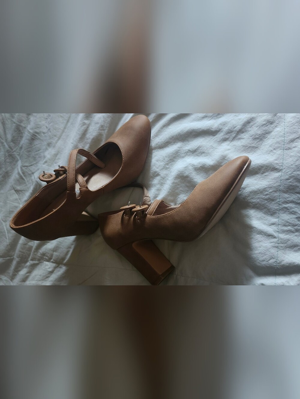 Women's Tan Mary Jane Block Heel Pumps with Ankle Strap